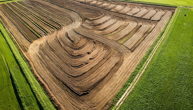 aerial drone perspective looking down at a series of long windrow compost piles on a farm geometric lines of straw and earth against the green grass bright daylight illustrating commercial scale