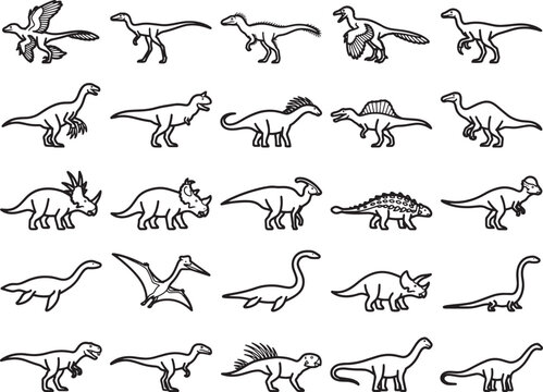 Collection of line art illustrations depicting various dinosaurs, showcasing different species from the prehistoric era in a clear and simple style.