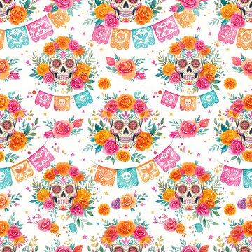Watercolor Sugar Skulls and Marigolds Seamless Day of the Dead Pattern