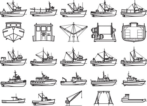 A collection of black and white line drawings illustrating various types of fishing boats and maritime equipment, showcasing design elements and industrial components.