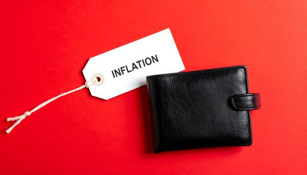 Black wallet with an inflation price tag on a red surface, representing rising consumer prices, financial pressure, cost increases, and reduced purchasing power.