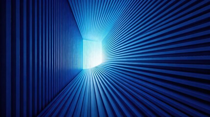 Fototapeta premium Modern 3d abstract blue tunnel with vertical parallel stripes converging to bright glowing light at the end perspective depth futuristic technology design concept