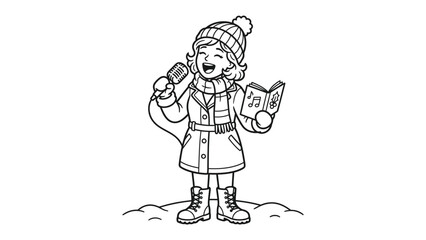 Fototapeta premium Christmas Caroling Girl: A cheerful young girl dressed in winter clothing, holding a microphone and a music sheet, sings carols joyfully in the snow.