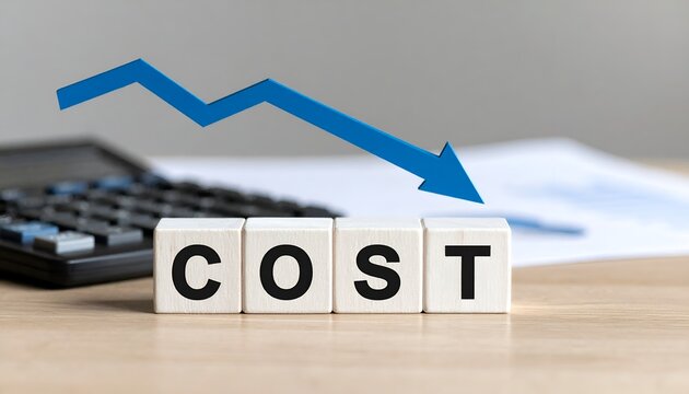 Wooden blocks spelling COST with a blue downward arrow, calculator and documents in the background, illustrating declining costs, expense reduction, budgeting, savings, and financial planning.