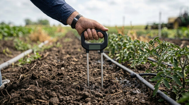 Farmer measuring soil moisture level in vegetable field with meter