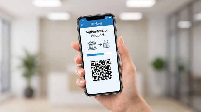 Hand holding smartphone displaying a mobile banking security authentication screen with a QR code in a bright modern professional office interior