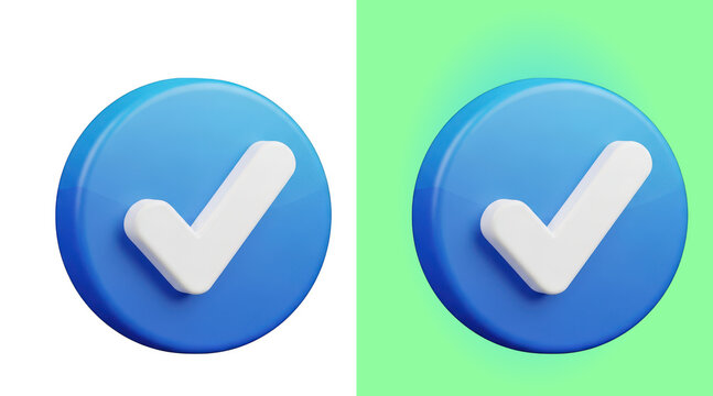 3D blue checkmark icon button glossy rendering