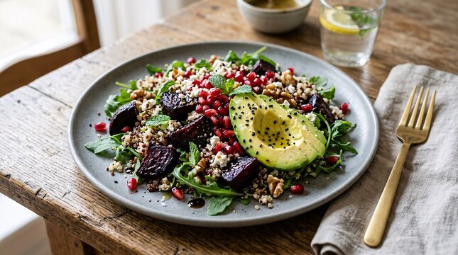 Colorful salad of roasted beetroot, quinoa, arugula, avocado and pomegranate seeds arrives on a matte grey plate with a golden fork