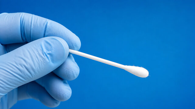 Gloved hand holding cotton swab on blue background for medical testing and hygiene