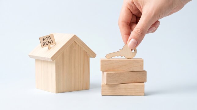 Hand places a wooden key near a miniature house with a 'For Rent' sign, symbolizing property rental, real estate investment, and the housing market process