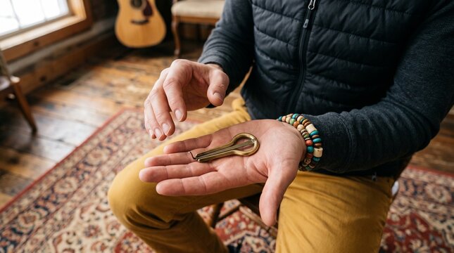 Musician holding a traditional metal jaw harp instrument in his open palm showcasing acoustic folk performance culture indoors
