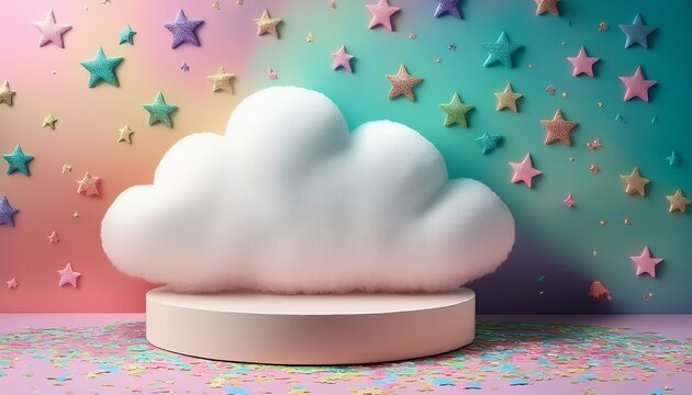 rounded white cloud pedestal in front of playful pastel backdrop scattered shimmering stars bright candy tone wall blending peach aqua and lilac high gloss floor in bubblegum pink