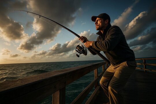 Man fishing from wooden pier over ocean at sunset with dramatic clouds, casting rod in serene seaside landscape.