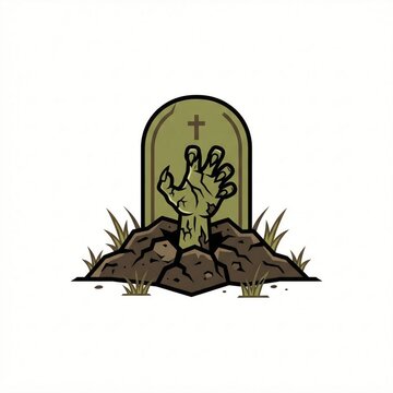 A spooky green zombie hand rising from the ground in front of a grave tombstone with a cross, perfect for Halloween party decor, stickers, icons, and horror seasonal designs