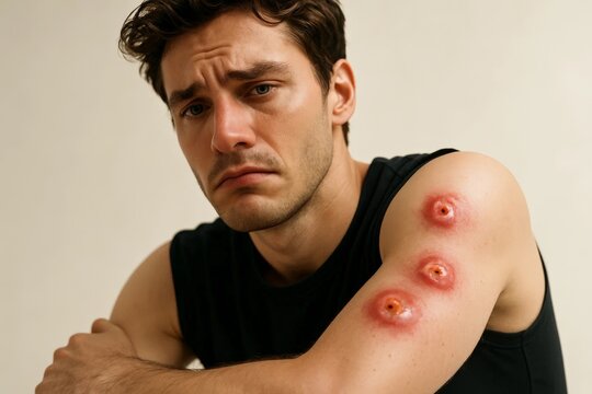 Young man showing inflamed skin lesions on arm, medical dermatology concept, infection or allergic reaction.