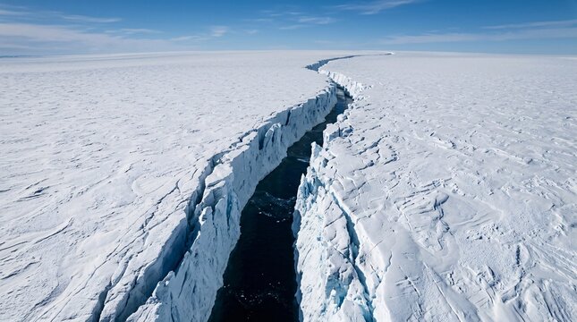 Aerial view of a deep crevasse cutting through vast white Antarctic glacial ice, dark ocean water visible at the bottom of the fissure