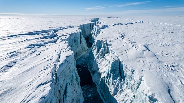 Aerial view of a deep crevasse cutting through vast white Antarctic glacial ice, dark ocean water visible at the bottom of the fissure