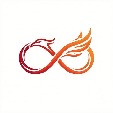 Modern logo illustration combining a mythical phoenix bird head and a fiery, feathered wing with the mathematical infinity symbol, rendered in red and orange gradients.
