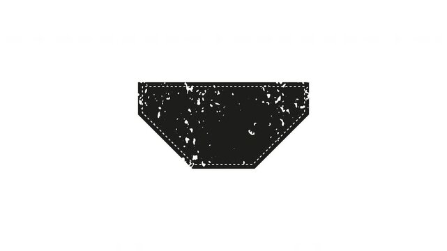Black stamp animation with pocket shaped outline and stitched details on a transparent background. Decorative mark with framed label design. Seamless animated icon. 4K video overlay isolated element.