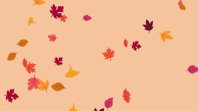 Vibrant autumn leaves pattern scattered on a warm peach background, celebrating the fall season.