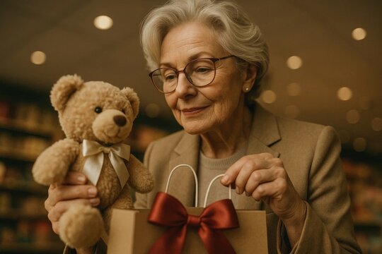 Smiling elderly woman shopping with teddy bear gift bag, choosing present and holiday kindness concept.