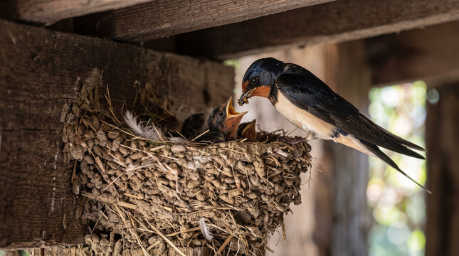 Adult swallow feeding chicks in a nest under a wooden beam  
