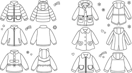 Childrens Winter Outerwear Technical Sketch Vector Set Featuring Cute Hooded Puffer Jackets Fur Parkas and Fleece Coats Front and Back Views Outline Clipart © Alifnoor