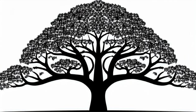 a black silhouette of a tree with a large canopy