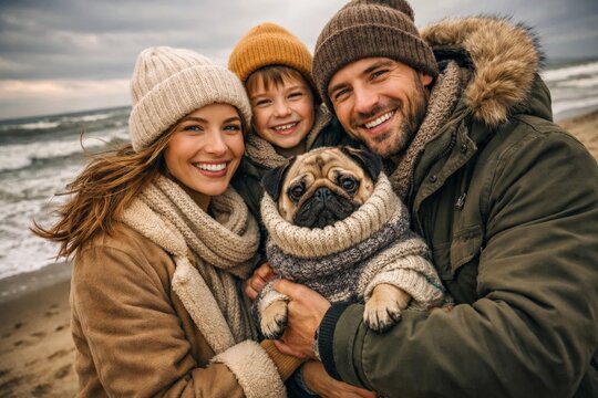 Happy family selfie with child and pug dog on windy beach in cozy winter clothes.
