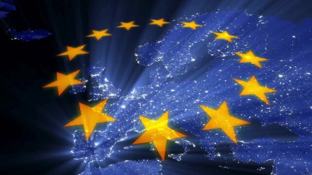 Loopable European Union background featuring a blue backdrop with EU stars, ideal for presentations, events, and digital media