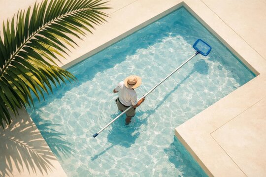Man cleaning swimming pool with net from above, pool maintenance and summer home care concept.