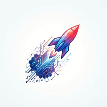 A futuristic rocket launching from a digital AI brain with circuit board nodes, ideal for machine learning startup, innovation, data speed, technology growth, and space-tech branding.