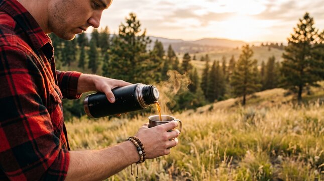 Young man in red plaid shirt pouring hot coffee from a black thermos into metal mug outdoors during sunset