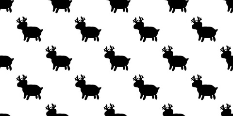 Minimalist seamless background. Sparse pattern of cute, detailed black reindeer silhouettes with prominent antlers on a clean white field. Perfect for subtle holiday design © Dunzz