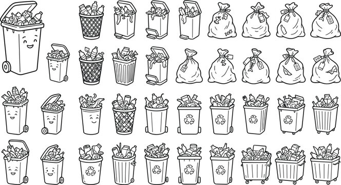Cute garbage bin and trash bag doodle vector illustration set for recycling environmental care and waste management icons