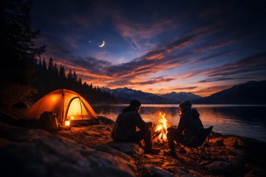 Two campers sitting by bonfire beside lake at twilight with glowing tent and mountains, cozy outdoor campfire evening scene.