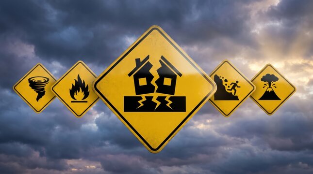Yellow warning signs of natural disasters: earthquake, tornado, fire, landslide and volcano on stormy sky. Emergency alert, danger and safety concept