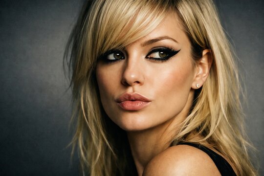 Close-up beauty portrait of blonde woman with smoky eye makeup and soft glamorous studio lighting.