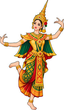Thai classical dancer in traditional golden costume performing a graceful dance isolated on a white background