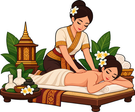 Thai massage therapist performing traditional oil massage on relaxed client in spa setting with transparent background