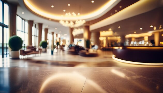 blurred luxury hotel lobby interior lounge reception area hospitality business background elegant modern architecture bokeh lighting