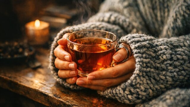 Hands in cozy knitted sweater hold warm glass cup of tea beside candle on rustic wooden table.