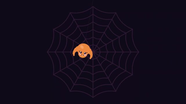 Cute cartoon spider in the center of a dark spooky web, Halloween vector illustration