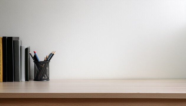 workspace office table empty desk with books and supplies against the white wall copy space for text or product showcase