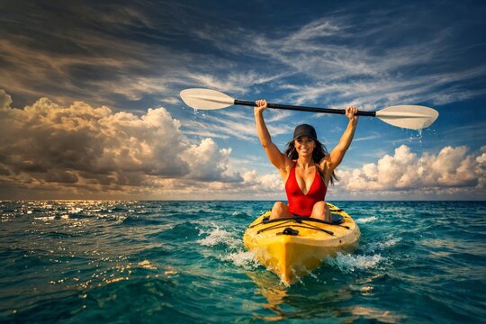 Woman kayaks on turquoise ocean holding paddle overhead, adventure travel, water sport, tropical vacation and active summer lifestyle.