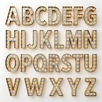 Complete A&ndash;Z alphabet in bold metallic letters decorated with glowing marquee lights, vintage theater sign style, isolated on a white background.