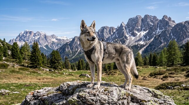 Czechoslovakian wolfdog standing proudly on a rocky outcrop wearing a harness while overlooking stunning mountain peaks
