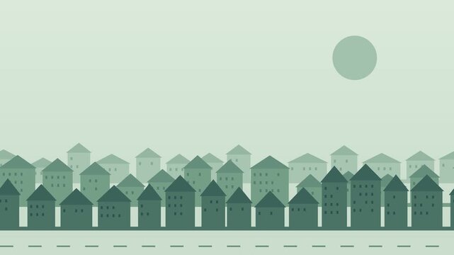 Gabled residential neighborhood scrolling through a quiet town in sage daylight