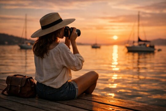 Woman photographer in straw hat taking sunset photo by marina with sailboats and golden water reflections.