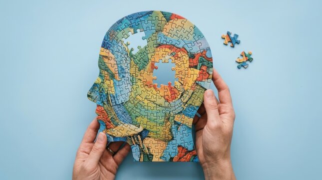 Hands holding a human head shaped jigsaw puzzle with missing pieces